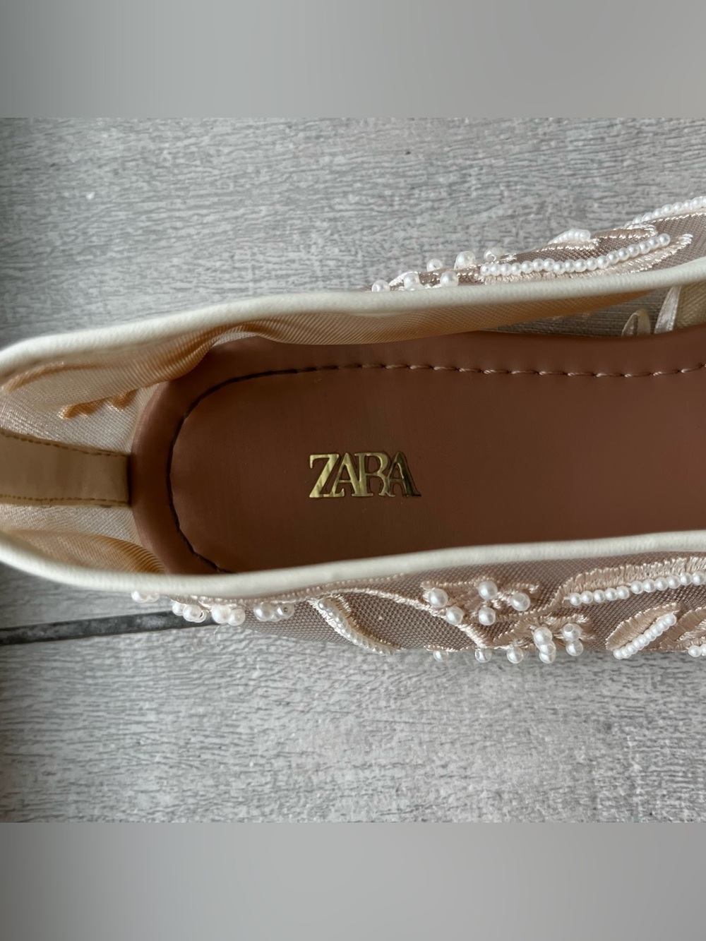 Zara Mesh Embroidered Ballet Floral Pearls Lace Flats Shoes Cream 8 Wedding Shoe - Picture 6 of 14